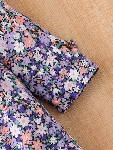 SHEIN Elladie kids 女童可愛碎花抓絨內裡連帽外套，休閒單排扣長袖秋冬款 - 紫色 - 查看 10