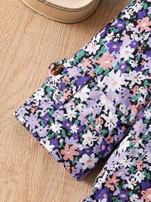 SHEIN Elladie kids 女童可愛碎花抓絨內裡連帽外套，休閒單排扣長袖秋冬款 - 紫色 - 查看 5