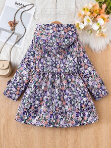 SHEIN Elladie kids 女童可愛碎花抓絨內裡連帽外套，休閒單排扣長袖秋冬款 - 紫色 - 查看 2