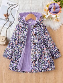 SHEIN Elladie kids 女童可愛碎花抓絨內裡連帽外套，休閒單排扣長袖秋冬款 - 紫色 - 查看 9