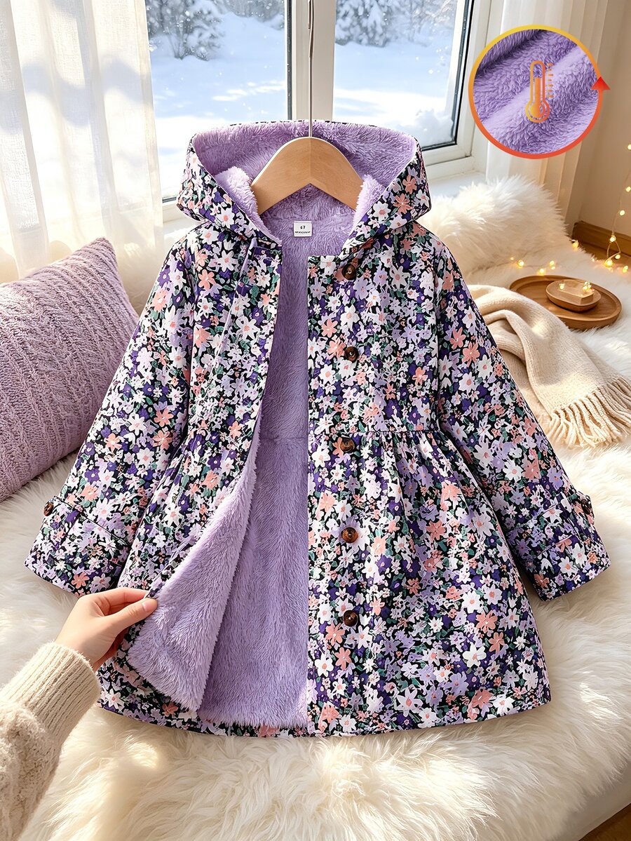 SHEIN Elladie kids 女童可愛碎花抓絨內裡連帽外套,休閒單排扣長袖秋冬款 - 紫色 - 查看 1
