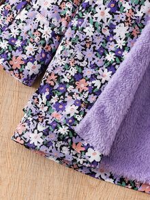 SHEIN Elladie kids 女童可愛碎花抓絨內裡連帽外套，休閒單排扣長袖秋冬款 - 紫色 - 查看 13