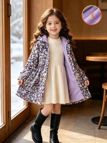 SHEIN Elladie kids 女童可愛碎花抓絨內裡連帽外套，休閒單排扣長袖秋冬款 - 紫色 - 查看 4