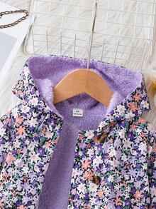 SHEIN Elladie kids 女童可愛碎花抓絨內裡連帽外套，休閒單排扣長袖秋冬款 - 紫色 - 查看 8
