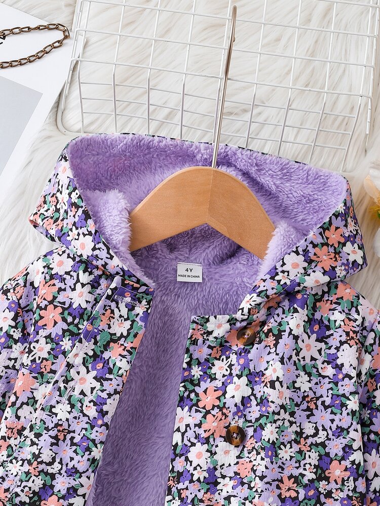 SHEIN Elladie kids Young Girl Cute Ditsy Ditsy Floral Fleece Lined Hooded Outerwear, Casual Single Breasted Long Sleeve Autumn Winter - Purple - View 8