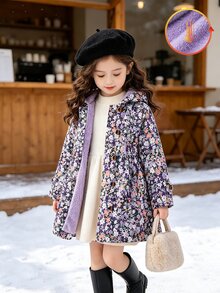 SHEIN Elladie kids 女童可愛碎花抓絨內裡連帽外套，休閒單排扣長袖秋冬款 - 紫色 - 查看 3