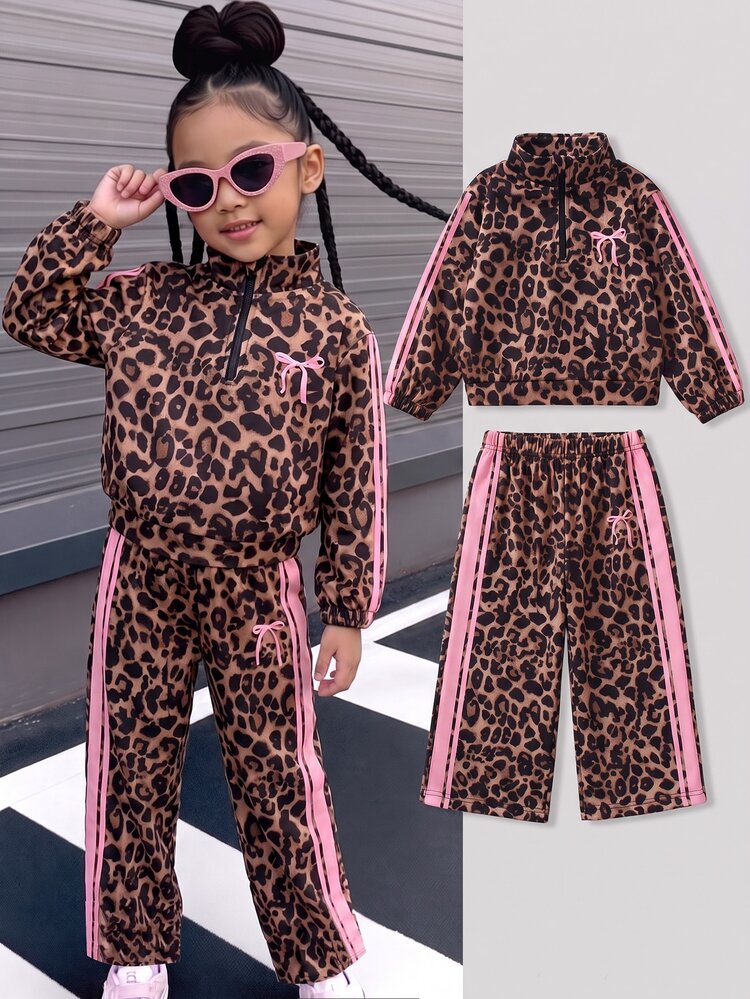 SHEIN Young Girl Leopard Print Bowknot 2 Pieces Set Half-Zip Hoodie Pullover Top And Wide Leg Pants Outfit Cute Casual Fall Matching Girls Birthday - Grey - View 3
