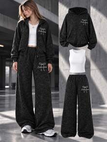 SHEIN Elladie kids 青少年女孩 Y2K 街頭風 3 件套運動服套裝，蝴蝶結刺繡拉鍊連帽外套、細肩帶背心、寬腿鬆垮運動長褲，秋冬穿搭套裝 - 灰色 - 查看 1