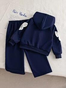 SHEIN Elladie kids 2件組女童休閒運動風連帽拉鍊外套，字母刺繡蝴蝶結裝飾，長袖直筒褲，側邊織帶，7歲生日白色秋季套裝 - 藏蓝色 - 查看 2