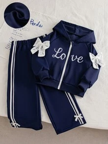 SHEIN Elladie kids 2件組女童休閒運動風連帽拉鍊外套，字母刺繡蝴蝶結裝飾，長袖直筒褲，側邊織帶，7歲生日白色秋季套裝 - 藏蓝色 - 查看 1
