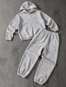 2pcs/Set Teen Boys Casual Minimalist 3D Embossed Print Long Sleeve Hoodie With Loose Casual Cuffed Pants, Suitable For Daily Commute, Street Style, Sports - Grey - View 6