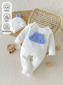 SHEIN 1件新生兒嬰兒中性白色與藍色雲朵笑臉刺繡可愛休閒棉質羅紋柔軟布料連身衣，附襪子與帽子，居家穿著套裝，適合春季/秋季日常外出或居家多用途穿著 - 白色 - 查看 1