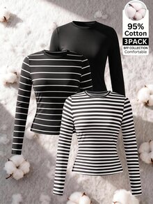 SHEIN EZwear 3件組女款圓領長袖T恤 - 彩色 - 查看 11