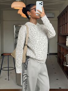 Muchica 80%棉休閒街頭風極簡學院風復古豹紋印花運動衫，適合秋季旅行約會派對聖誕節 - 彩色 - 查看 5