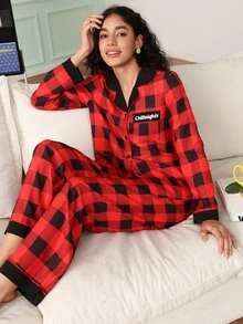 Chillnights Young Casual Colorblock Plaid Letter Print Comfortable Women's Pajama Set - Multicolor - View 7