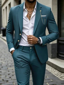 Manfinity Mode 男士時尚缺口領鏈飾商務修身 2 件套西裝套裝，正式，老錢風 - 墨綠色 - 查看 5
