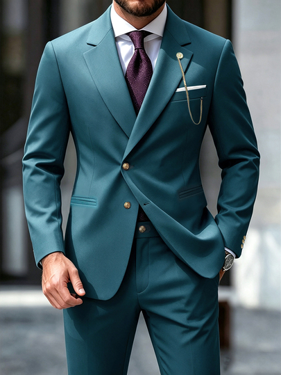 Manfinity Mode Men's Dark Green Fashion Notch Lapel Chain Decor Business Slim Fit 2 Pieces Suit Set