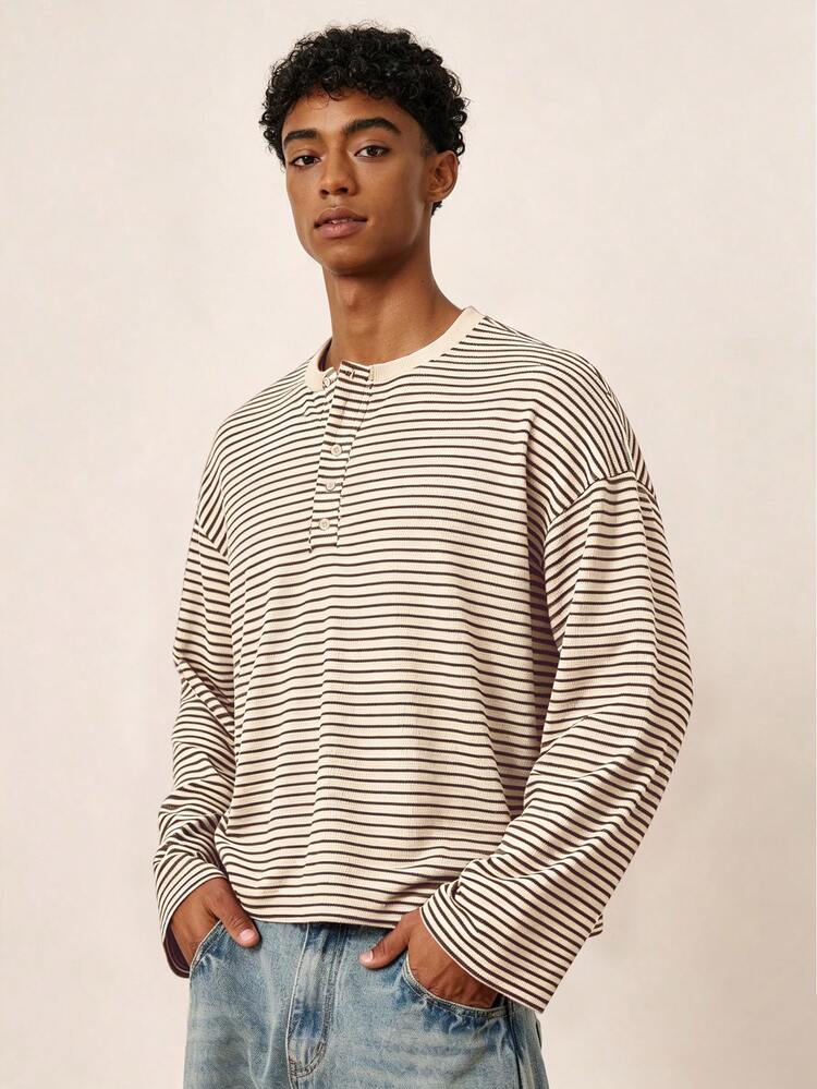 TOKVUE Men's 80s Retro Blue And White Stripe Henley Long Sleeve T-Shirt, Relaxed Casual Streetwear Vacation Holiday Fall - Khaki - View 3