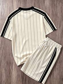 Manfinity Joysei Men Striped & Letter Graphic Contrast Trim Tee & Drawstring Waist Shorts - Apricot - View 3