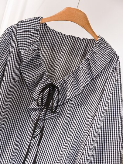 CosyJoli Camisa de manga larga con lazo y volantes a cuadros para vacaciones, talla grande