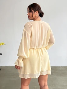 Firerie Plus Size Women's Solid Color Contrast Lace V-Neck Ruffle Cuff Fashion Dress Party Brunch White And Yellow Autumn Elegant Dress - Light Yellow - View 3