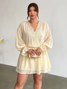 Firerie Plus Size Women's Solid Color Contrast Lace V-Neck Ruffle Cuff Fashion Dress Party Brunch White And Yellow Autumn Elegant Dress - Light Yellow - View 5