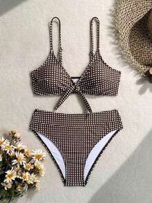 SHEIN Swim Women's Summer Brown Leopard Print Spaghetti Strap Sexy Beach Vacation Bikini Swimwear 2 Pieces Set - Brown - View 4