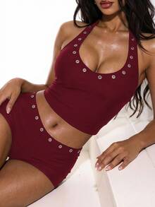 Oceva Women's Eyelet Trim Halter Neck Backless Top And Shorts 2 Pieces Set Beach Party Burgundy Summer Sexy - Burgundy - View 4