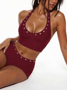 Oceva Women's Eyelet Trim Halter Neck Backless Top And Shorts 2 Pieces Set Beach Party Burgundy Summer Sexy - Burgundy - View 2