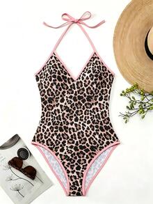 Oceva Summer New Vintage Leopard Print One-Piece Halter Backless Sexy Beach Vacation Casual Animal Print Swimsuit For Women - Pink - View 6