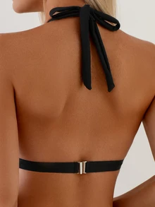 Oceva 2pcs Women's Minimalist Solid Color V-Neck Hollow Front Halter Tie Bikini Swimwear Set, Summer - Black - View 5