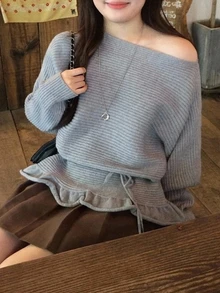 Dazy Plus Korean Style Asymmetrical Shoulder Ruffle Lace Trim Casual Tie Design Long Sleeve Spring Autumn New Sweater - Grey - View 2