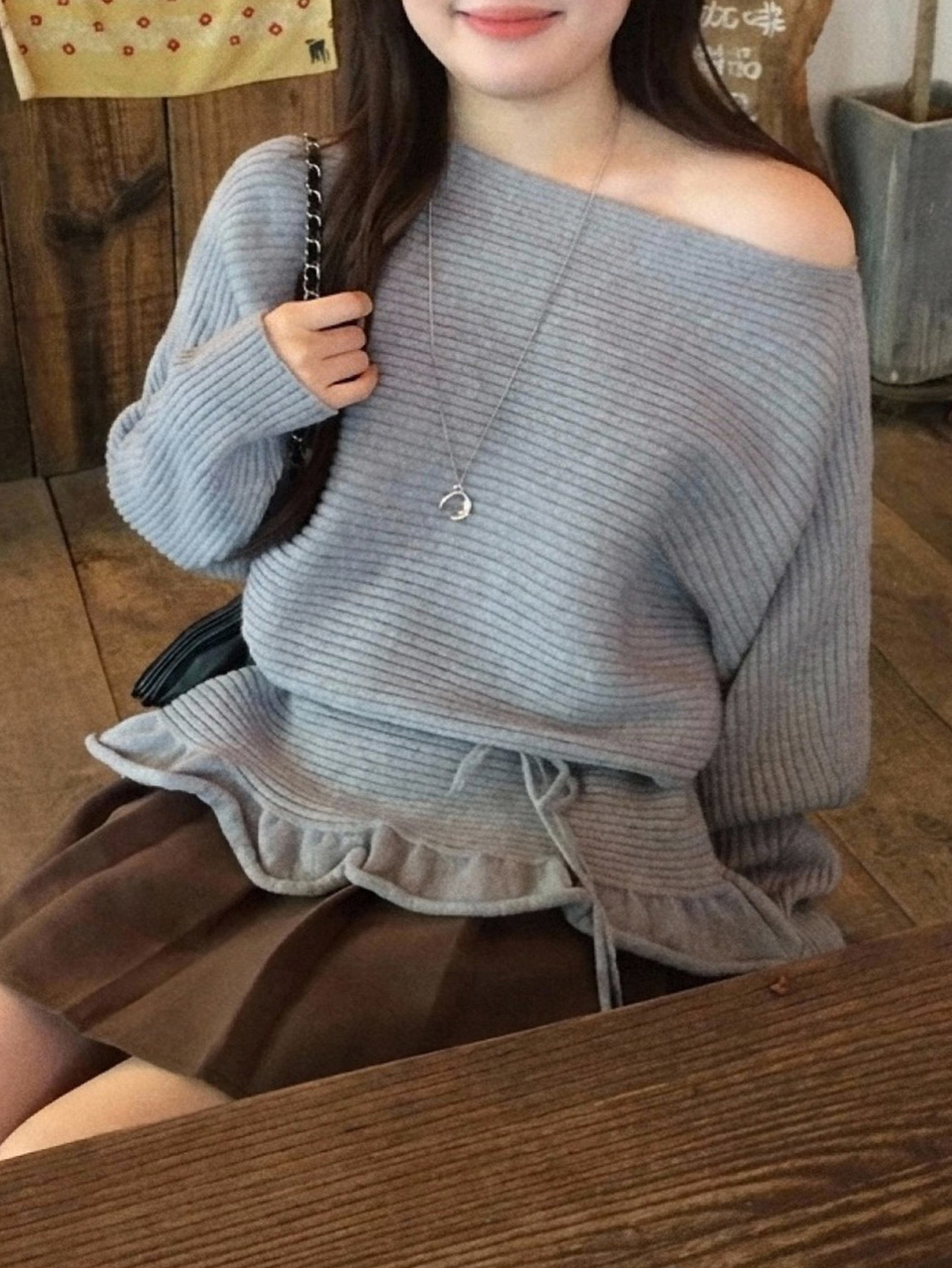 Dazy Plus Korean Style Asymmetrical Shoulder Ruffle Lace Trim Casual Tie Design Long Sleeve Spring Autumn New Sweater
