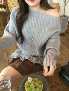Dazy Plus Korean Style Asymmetrical Shoulder Ruffle Lace Trim Casual Tie Design Long Sleeve Spring Autumn New Sweater - Grey - View 3