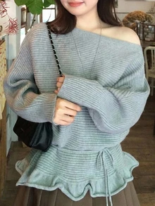 Dazy Plus Korean Style Asymmetrical Shoulder Ruffle Lace Trim Casual Tie Design Long Sleeve Spring Autumn New Sweater - Grey - View 6
