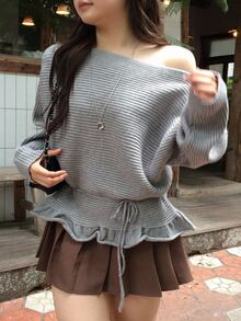 Dazy Plus Korean Style Asymmetrical Shoulder Ruffle Lace Trim Casual Tie Design Long Sleeve Spring Autumn New Sweater - Grey - View 4