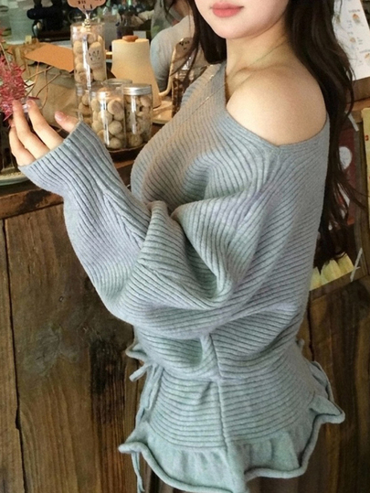 Dazy Plus Korean Style Asymmetrical Shoulder Ruffle Lace Trim Casual Tie Design Long Sleeve Spring Autumn New Sweater