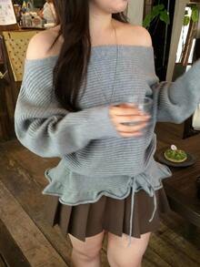 Dazy Plus Korean Style Asymmetrical Shoulder Ruffle Lace Trim Casual Tie Design Long Sleeve Spring Autumn New Sweater - Grey - View 5
