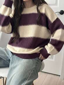 DAZY 條紋寬鬆長袖圓領女款毛衣 Y2K 風格 - 酒紅色 - 查看 5