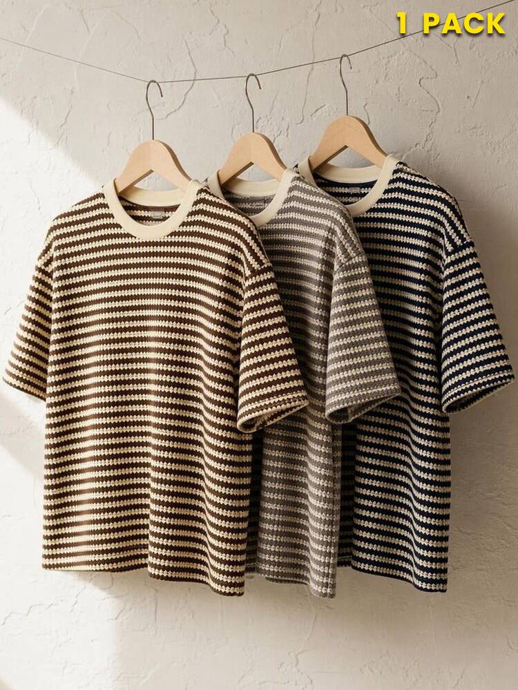 AKNOTIC Men's Knitted Striped Loose Casual Crew Neck Short Sleeve T-Shirt Suitable For Summer Halloween Winter Party Autumn - Coffee Brown - View 4