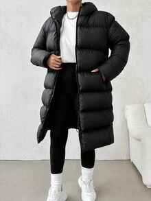 SHEIN Cottnline Plus Size Slant Pockets Hooded Padded Coat, For Winter - Black - View 5