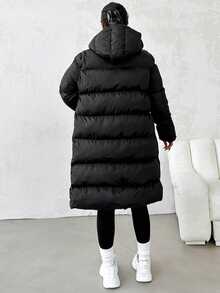 SHEIN Cottnline Plus Size Slant Pockets Hooded Padded Coat, For Winter - Black - View 3