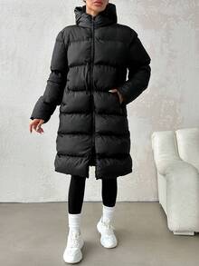 SHEIN Cottnline Plus Size Slant Pockets Hooded Padded Coat, For Winter - Black - View 4