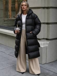 SHEIN Cottnline Plus Size Slant Pockets Hooded Padded Coat, For Winter - Black - View 8