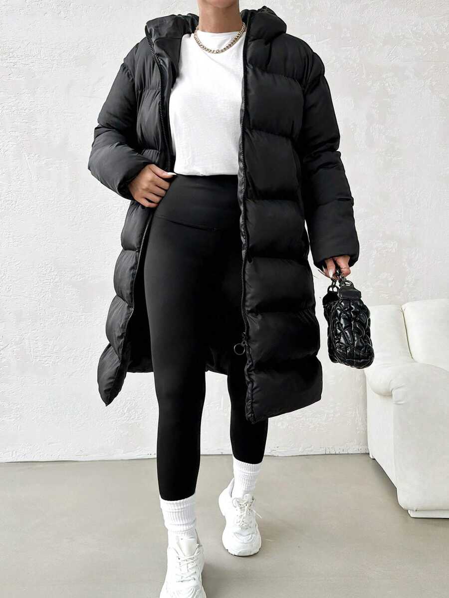 SHEIN Cottnline Plus Size Slant Pockets Hooded Padded Coat, For Winter