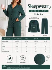 SHEIN Cottnline PETITE SIZE Women 100Cotton Rib-Knit Dark Green Shirt Style Buttoned Striped Long Sleeved Pajama Set For Ladies Lounge Sleep Autumn - Dark Green - View 4