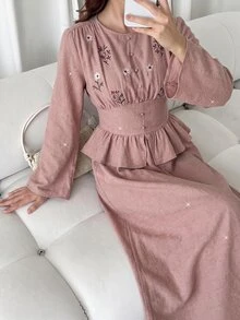 Solavon Women's Floral Embroidered Pattern Pleated Long Sleeve Top And Skirt Casual 2 Pieces Set - Pink - View 2