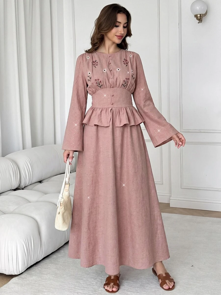 Solavon Women's Floral Embroidered Pattern Pleated Long Sleeve Top And Skirt Casual 2 Pieces Set - Pink - View 1
