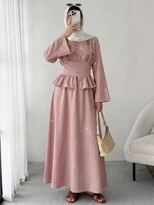 Solavon Women's Floral Embroidered Pattern Pleated Long Sleeve Top And Skirt Casual 2 Pieces Set - Pink - View 5