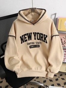 SHEIN 青少年女孩抓絨內裡米色拼接連帽長袖衛衣，羊羔絨秋季上衣，連帽衫，返校季，秋季穿搭，舒適，運動風 - 卡其色 - 查看 3
